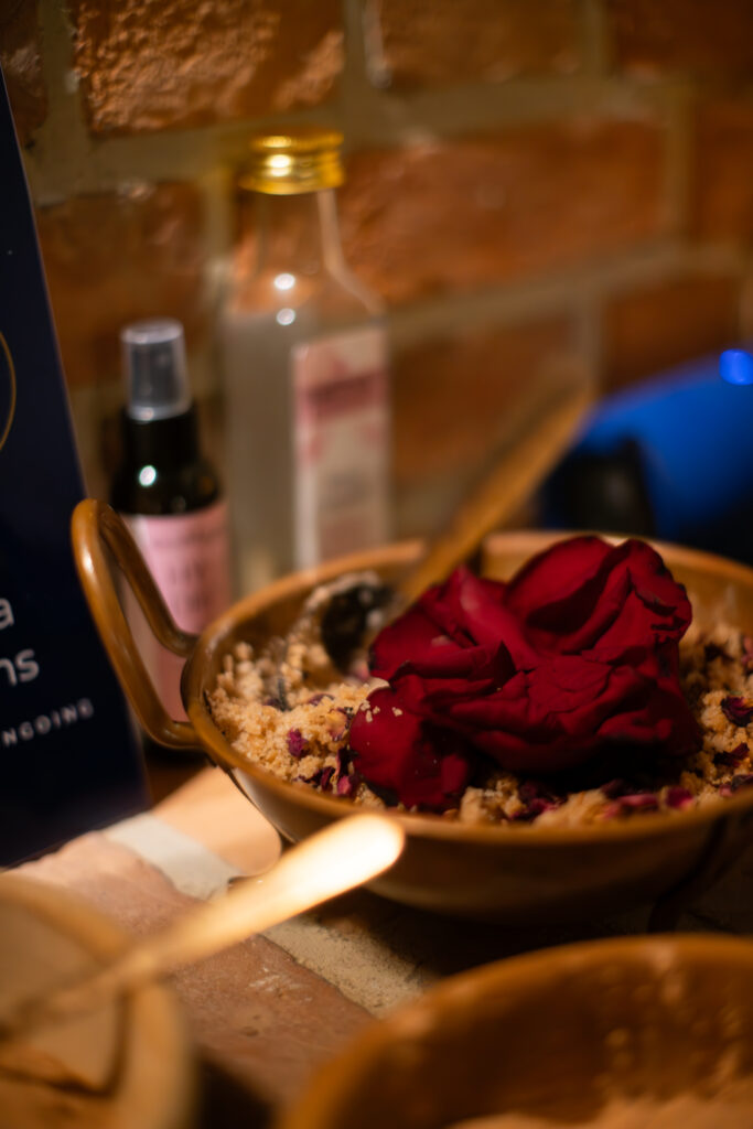 rose scrub and oils prepared for sauna sessions
